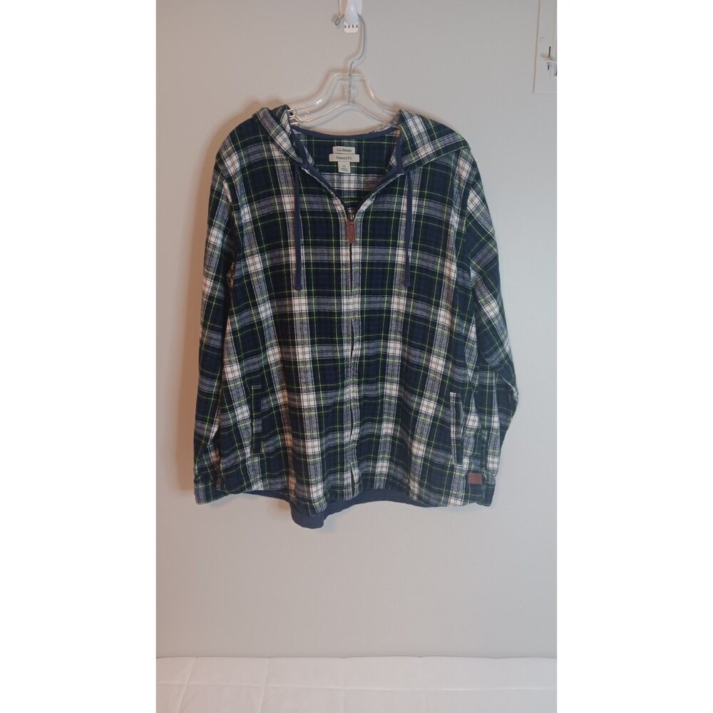 LL Bean Women's Scotch Plaid Flannel Shirt, Relaxed Zip Hoodie Blue White Sz 1X